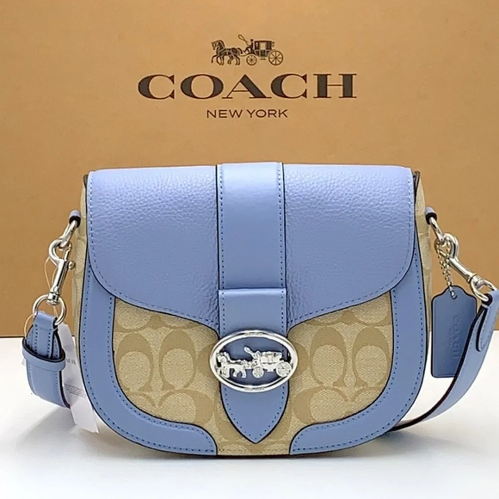 COACH Georgie Saddle Bag In Signat Canvas COLOR:
Silver/Light Khaki/Marble Blue - Picture 1 of 16
